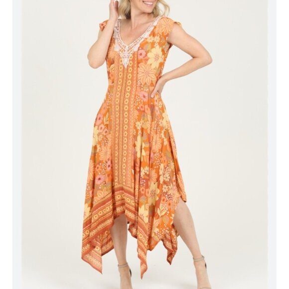 Lola P Dresses & Skirts - Lola P Dress Medium Floral Asymmetrical Handkerchief Hem Boho Y2K Fairy Tropical